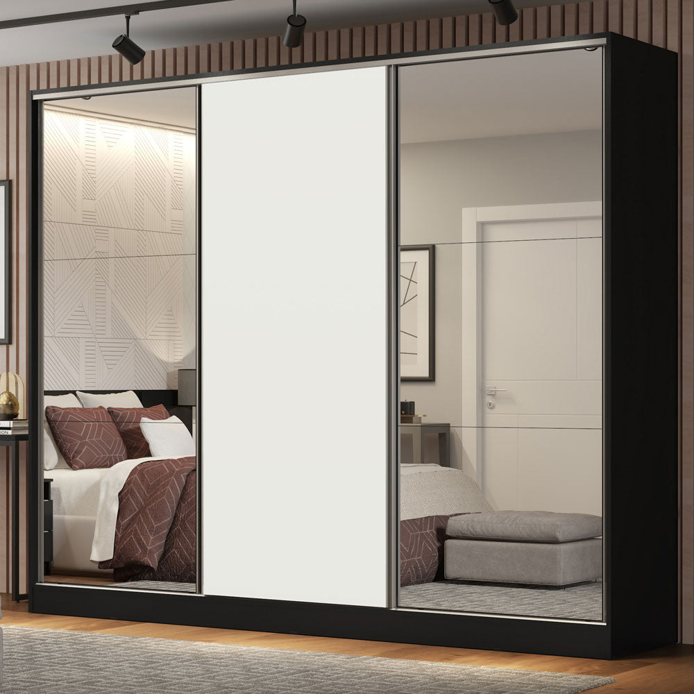 Clóset Matrimonial 231 cm 3 Puertas Corredizas Con 2 Espejos 100% MDF Negro/Blanco Royale Madesa