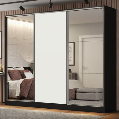 Clóset Matrimonial 231 cm 3 Puertas Corredizas Con 2 Espejos 100% MDF Negro/Blanco Royale Madesa