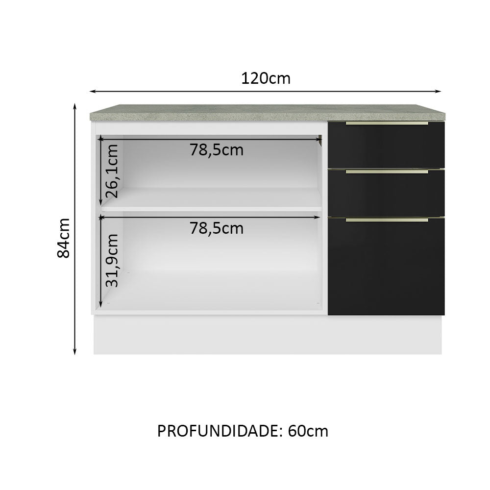 Gabinete Bajo 120 cm 2 Puertas 3 Cajones Blanco/Negro Lux Madesa