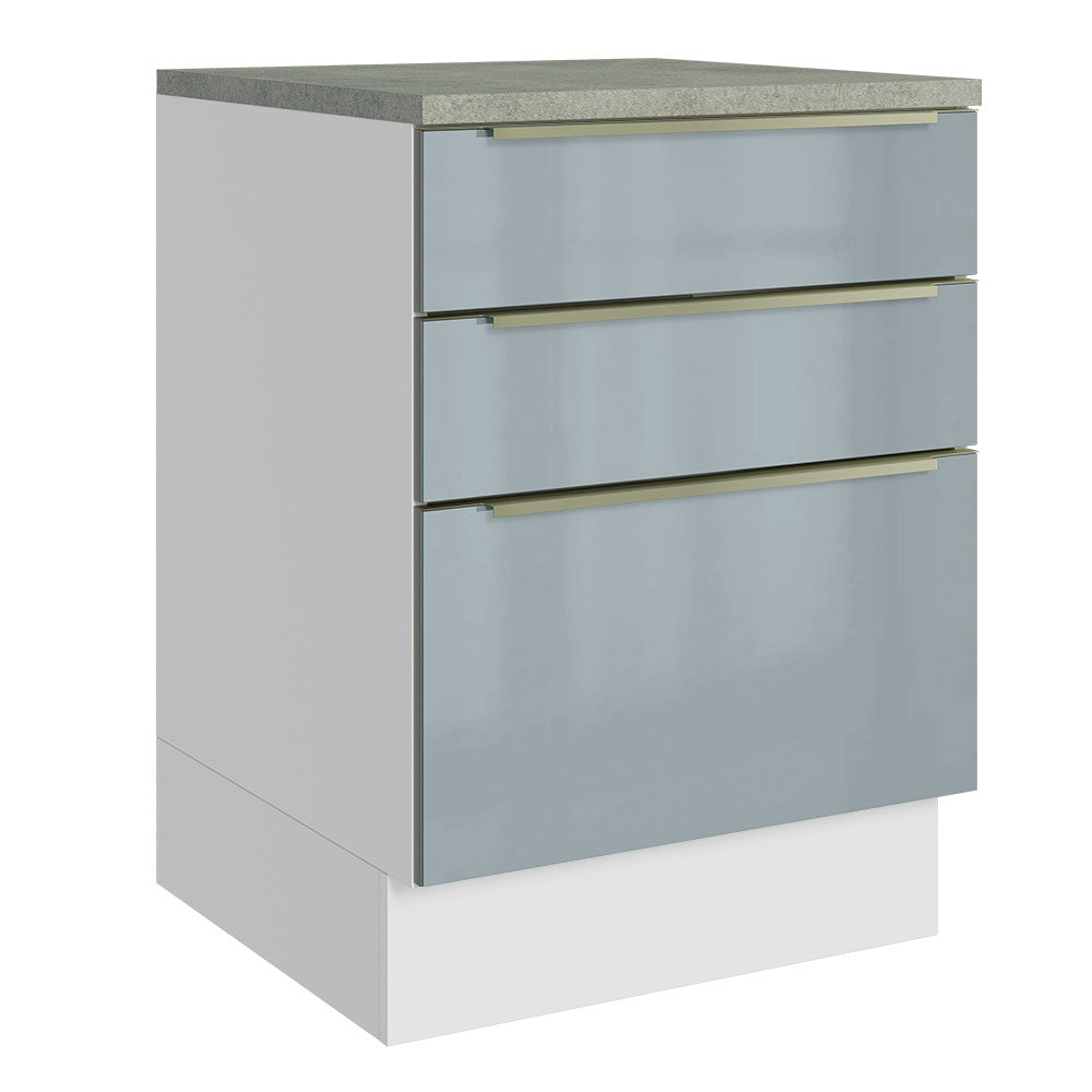 Gabinete Bajo 60 cm 3 Cajones (Con Encimera) Lux Blanco/Gris