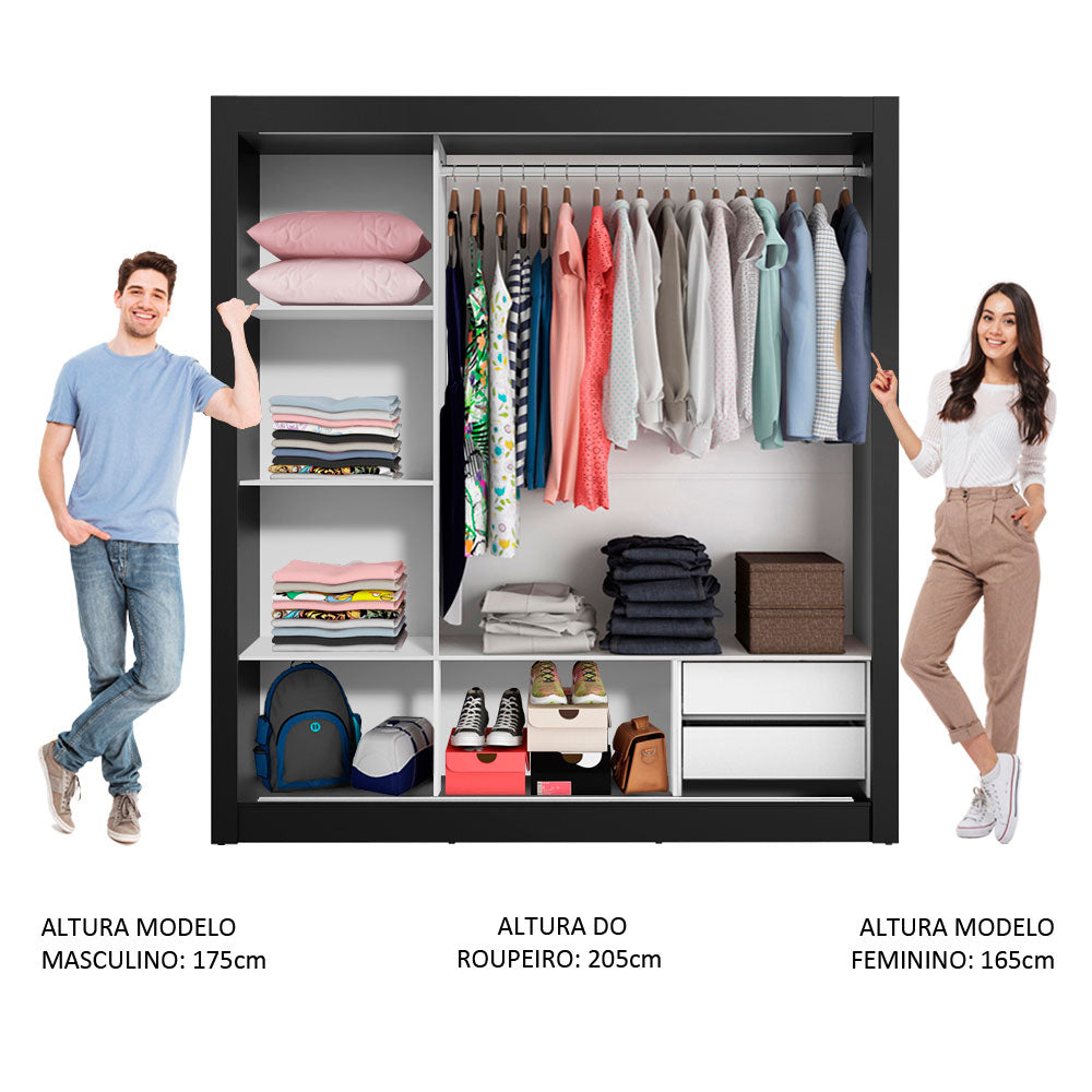 Clóset Matrimonial 170 cm 3 Puertas Corredizas 2 Cajones Negro/Blanco Lyon Madesa