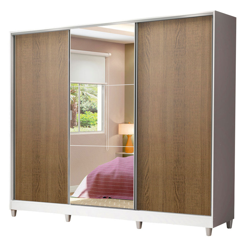 Clóset Matrimonial 231 cm 3 Puertas Corredizas Con 1 Espejo 100% MDF Blanco/Marrón Royale Madesa
