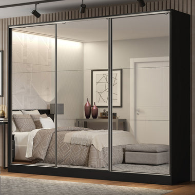 Clóset Matrimonial 231 cm 3 Puertas Corredizas Con 3 Espejos 100% MDF Negro Royale Madesa