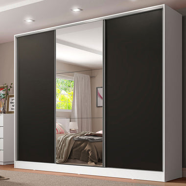Clóset Matrimonial 231 cm 3 Puertas Corredizas Con 1 Espejo 100% MDF Blanco/Negro Royale Madesa