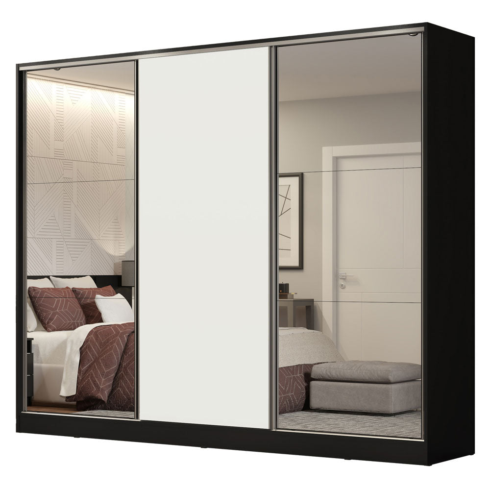 Clóset Matrimonial 231 cm 3 Puertas Corredizas Con 2 Espejos 100% MDF Negro/Blanco Royale Madesa