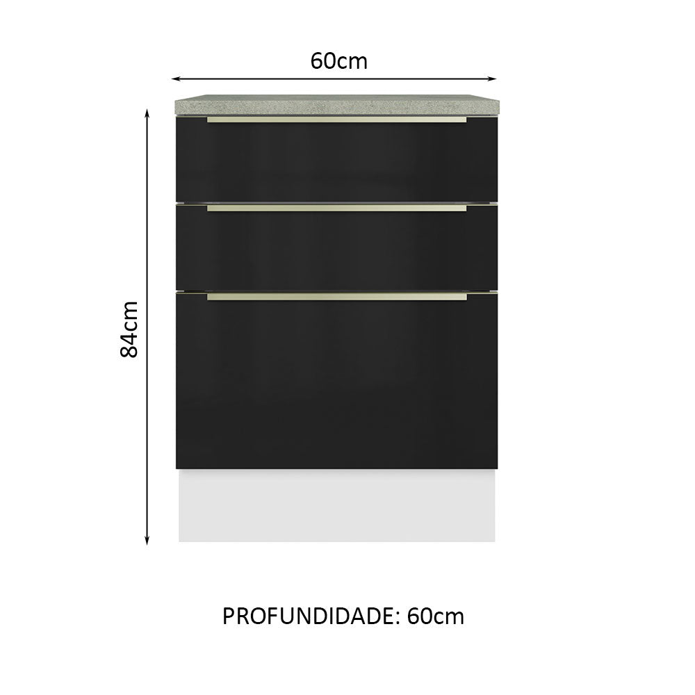 Gabinete Bajo 60 cm 3 Cajones Blanco/Negro Lux Madesa