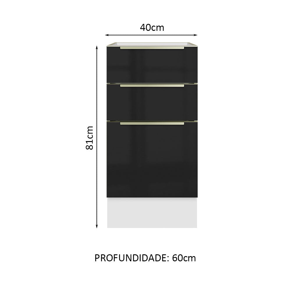 Gabinete Bajo 40 cm 3 Cajones Sin Encimera Blanco/Negro Lux Madesa