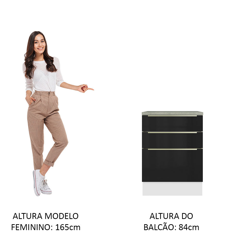 Gabinete Bajo 60 cm 3 Cajones Blanco/Negro Lux Madesa