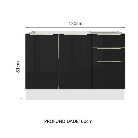 Gabinete Bajo para Fregadero 120 cm 2 Puertas 3 Cajones (Sin Encimera) Lux Blanco/Negro