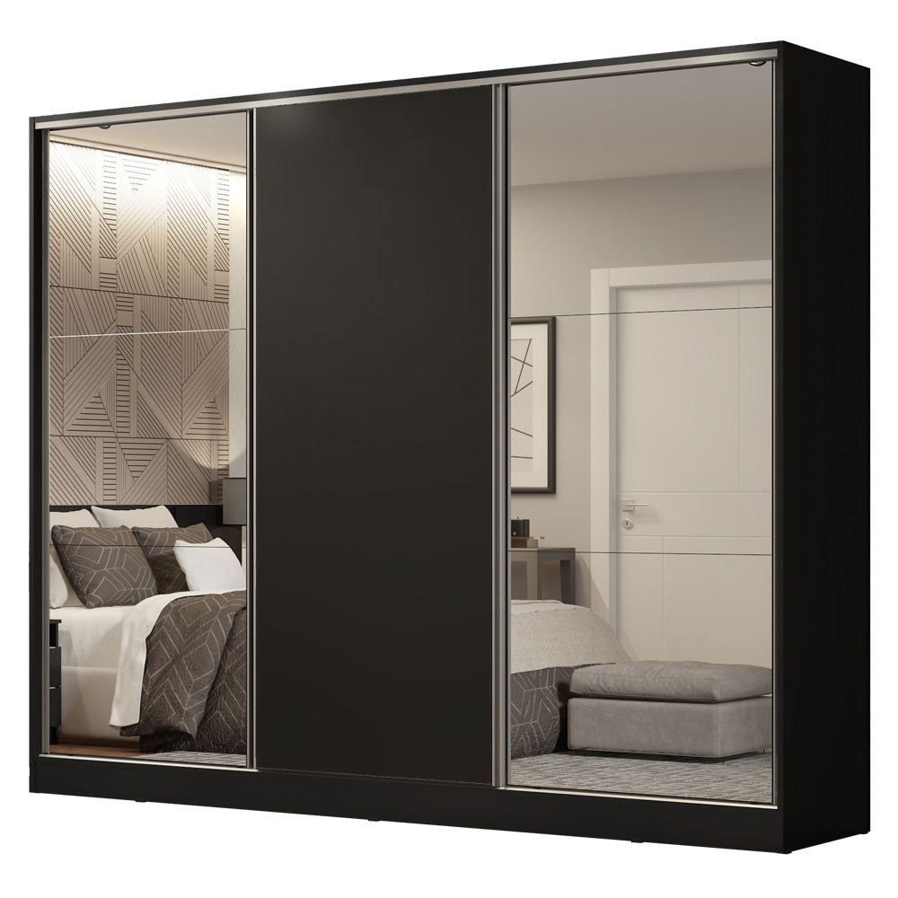 Clóset Matrimonial 231 cm 3 Puertas Corredizas Con 2 Espejos 100% MDF Negro Royale Madesa