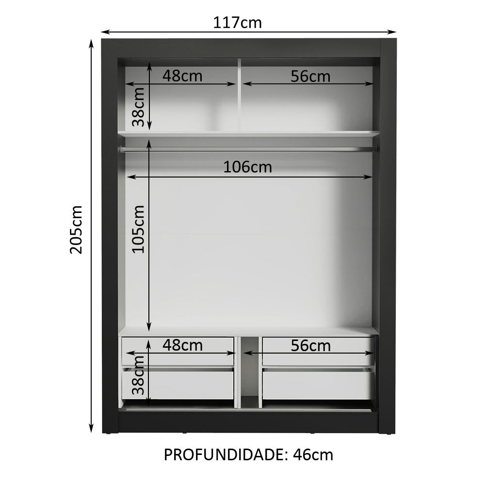 Clóset Soltero 117 cm 2 Puertas Corredizas 4 Cajones Negro/Marrón Dallas Madesa