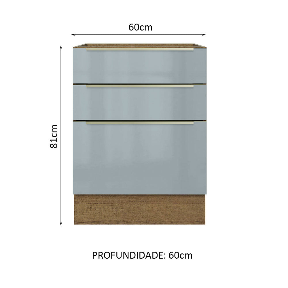 Gabinete Bajo 60 cm 3 Cajones Sin Encimera Marrón/Gris Lux Madesa