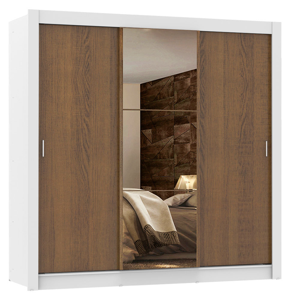 Clóset Matrimonial 170 cm 3 Puertas Corredizas Con 1 Espejo 4 Cajones Blanco/Marrón Lyon Madesa