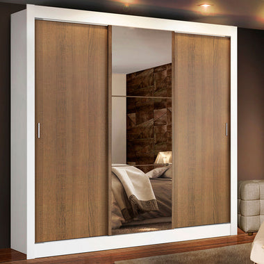 Clóset Matrimonial 170 cm 3 Puertas Corredizas Con 1 Espejo 4 Cajones Blanco/Marrón Lyon Madesa