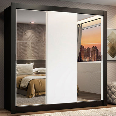 Clóset Matrimonial 170 cm 3 Puertas Corredizas Con 2 Espejos 2 Cajones Negro/Blanco Lyon Madesa