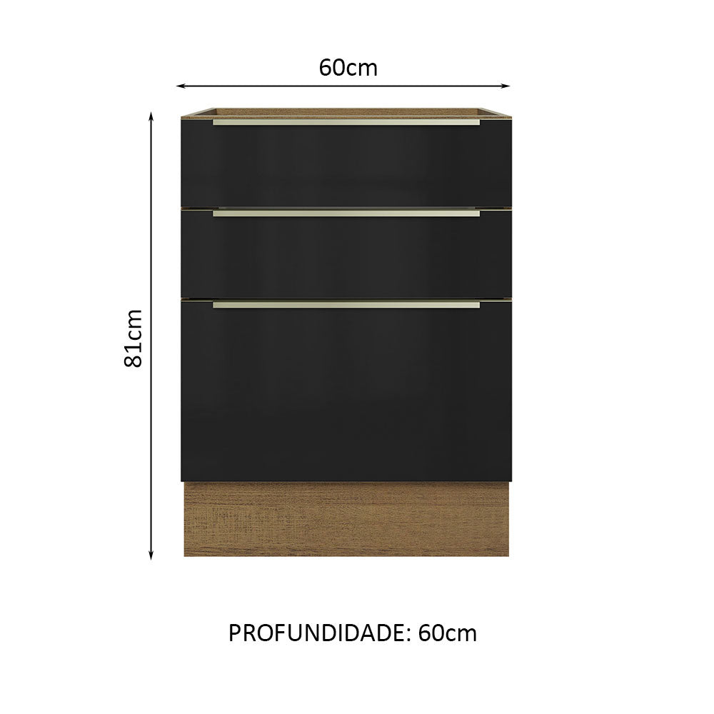 Gabinete Bajo 60 cm 3 Cajones Sin Encimera Marrón/Negro Lux Madesa