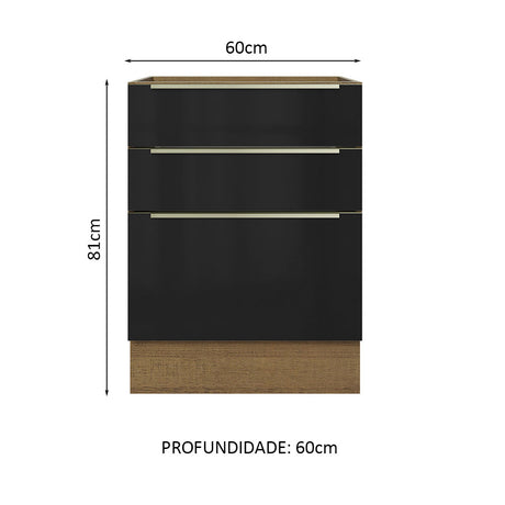 Gabinete Bajo 60 cm 3 Cajones Lux Marrón/Negro