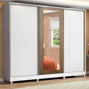 Clóset Matrimonial 231 cm 3 Puertas Corredizas Con 1 Espejo 100% MDF Blanco/Blanco/Marrón Eros Madesa