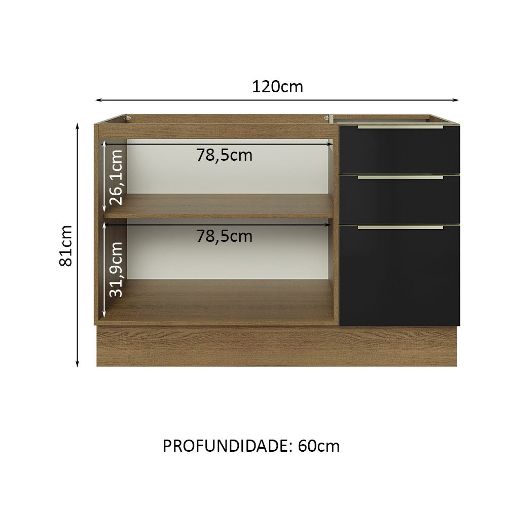 Gabinete Bajo 120 cm 2 Puertas 3 Cajones Sin Encimera Marrón/Negro Lux Madesa