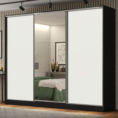 Clóset Matrimonial 231 cm 3 Puertas Corredizas Con 1 Espejo 100% MDF Negro/Blanco Royale Madesa