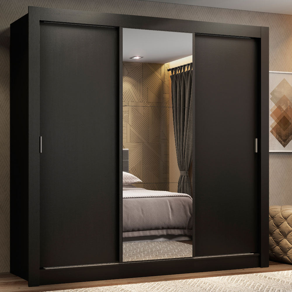 Clóset Matrimonial 170 cm 3 Puertas Corredizas Con 1 Espejo 2 Cajones Negro Lyon Madesa