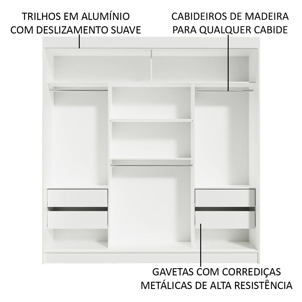 Clóset Matrimonial 180 cm 3 Puertas Corredizas con 2 Espejos 4 Cajones Blanco/Negro Reno Madesa
