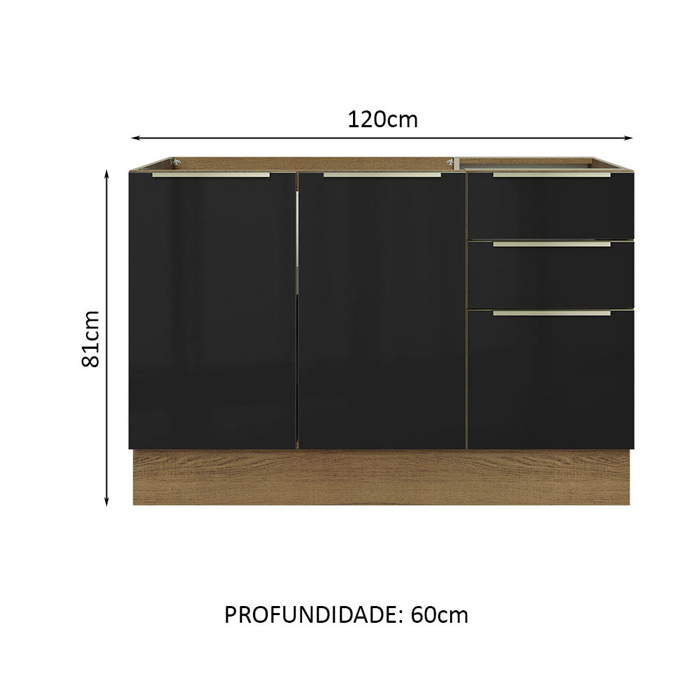 Gabinete Bajo 120 cm 2 Puertas 3 Cajones Sin Encimera Marrón/Negro Lux Madesa