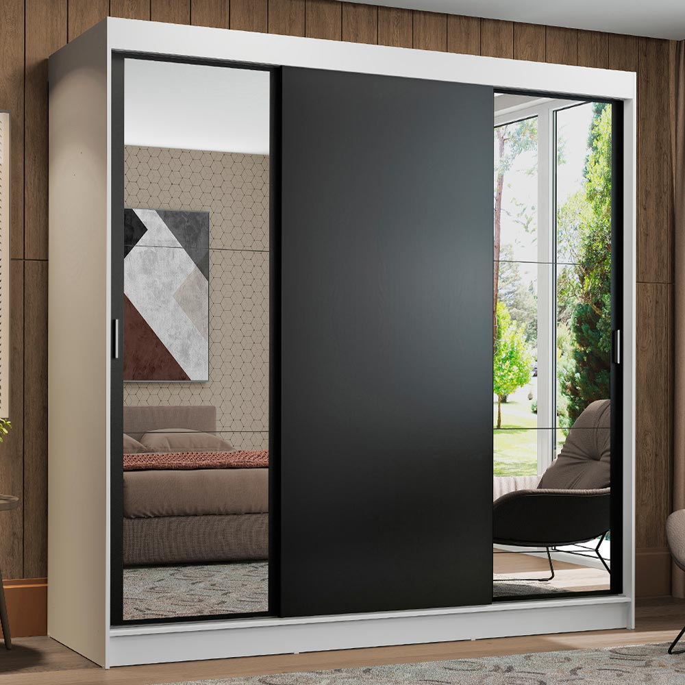 Clóset Matrimonial 180 cm 3 Puertas Corredizas con 2 Espejos 4 Cajones Blanco/Negro Reno Madesa