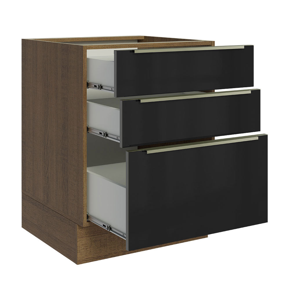 Gabinete Bajo 60 cm 3 Cajones Sin Encimera Marrón/Negro Lux Madesa