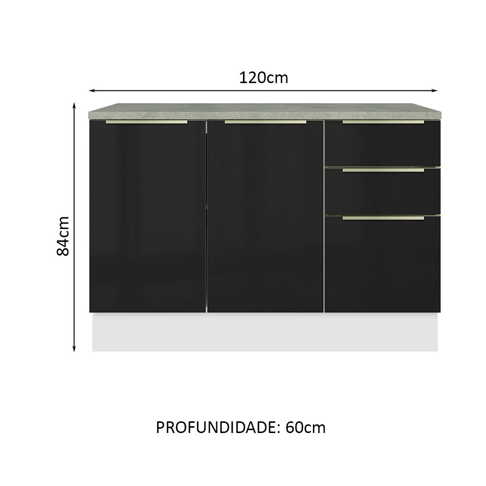 Gabinete Bajo para Fregadero 120 cm 2 Puertas 3 Cajones (Con Encimera) Lux Blanco/Negro