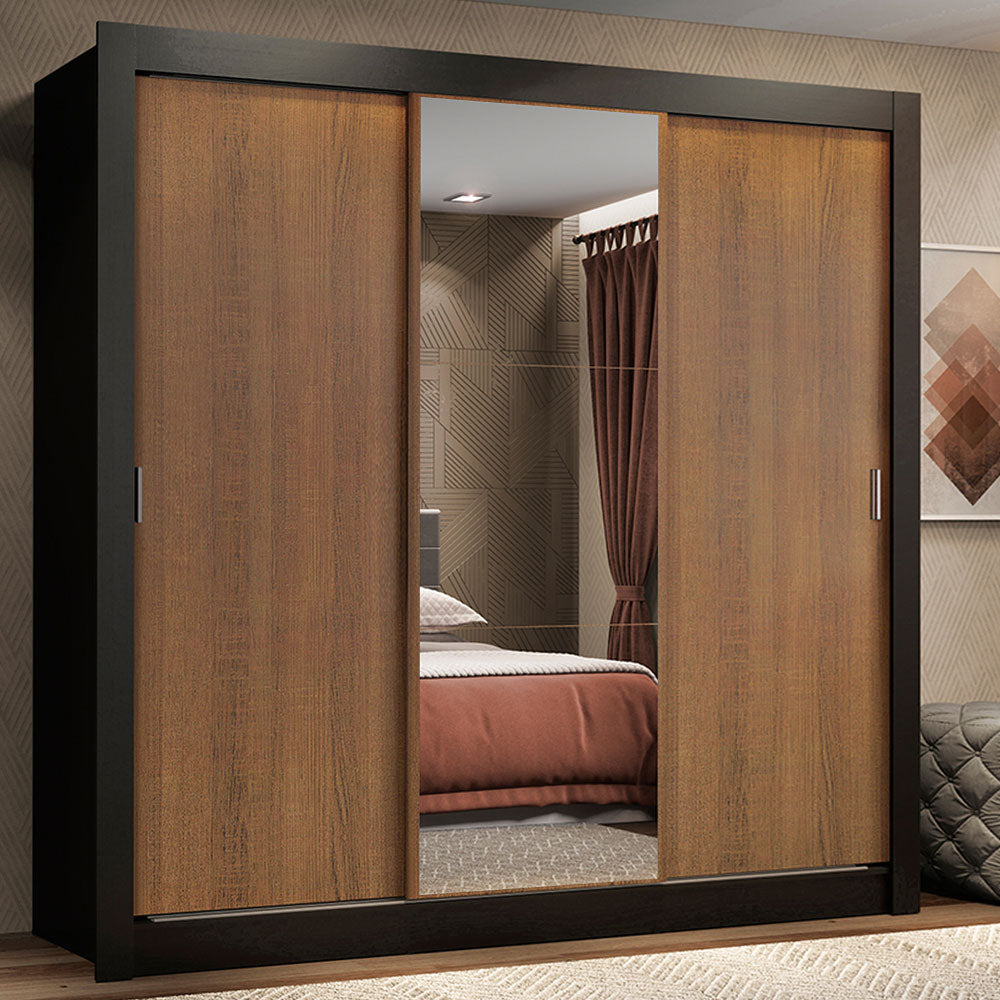 Clóset Matrimonial 170 cm 3 Puertas Corredizas Con 1 Espejo 2 Cajones Negro/Marrón Lyon Madesa