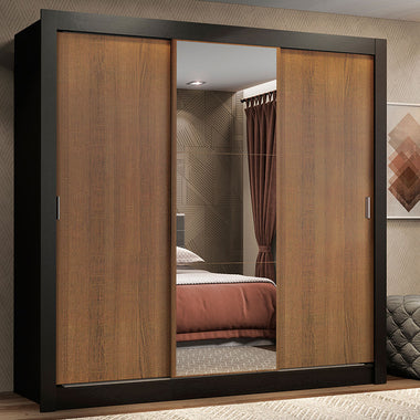 Clóset Matrimonial 170 cm 3 Puertas Corredizas Con 1 Espejo 2 Cajones Negro/Marrón Lyon Madesa
