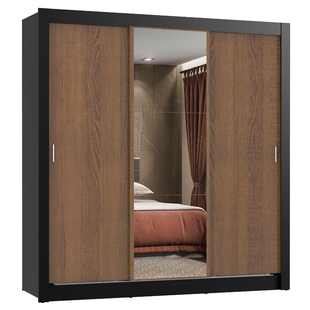 Clóset Matrimonial 170 cm 3 Puertas Corredizas Con 1 Espejo 2 Cajones Negro/Marrón Lyon Madesa