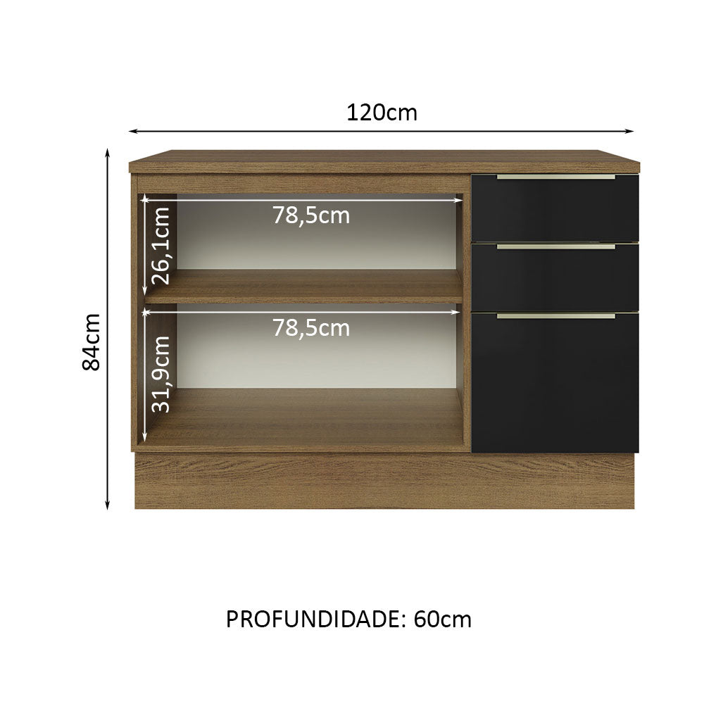 Gabinete Bajo 120 cm 2 Puertas 3 Cajones Marrón/Negro Lux Madesa