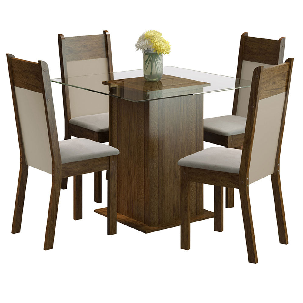 Juego de Comedor Mesa con Encimera de Vidrio 4 Sillas Marrón/Crema/Beige Dallas