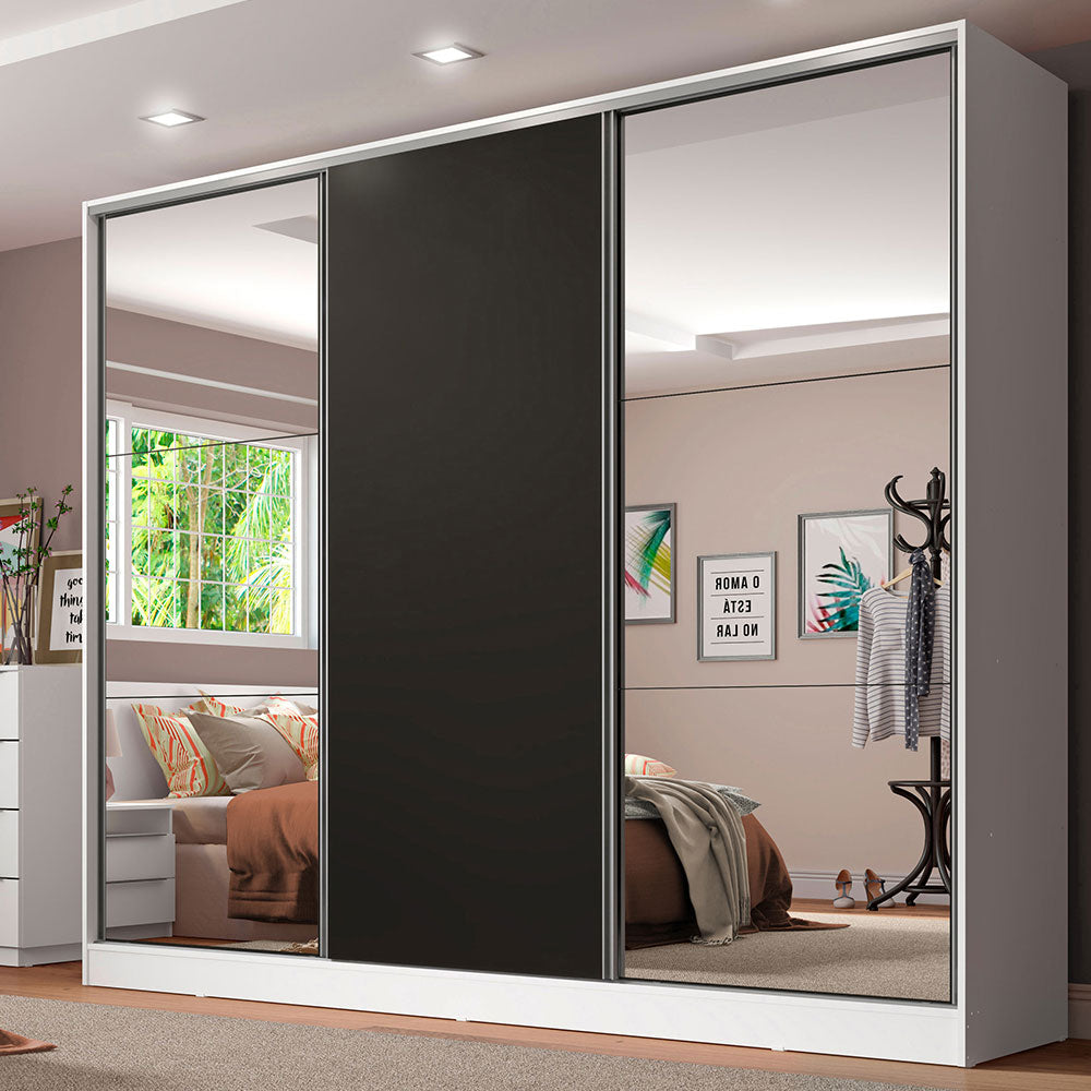 Clóset Matrimonial 231 cm 3 Puertas Corredizas Con 2 Espejos 100% MDF Blanco/Negro Royale Madesa