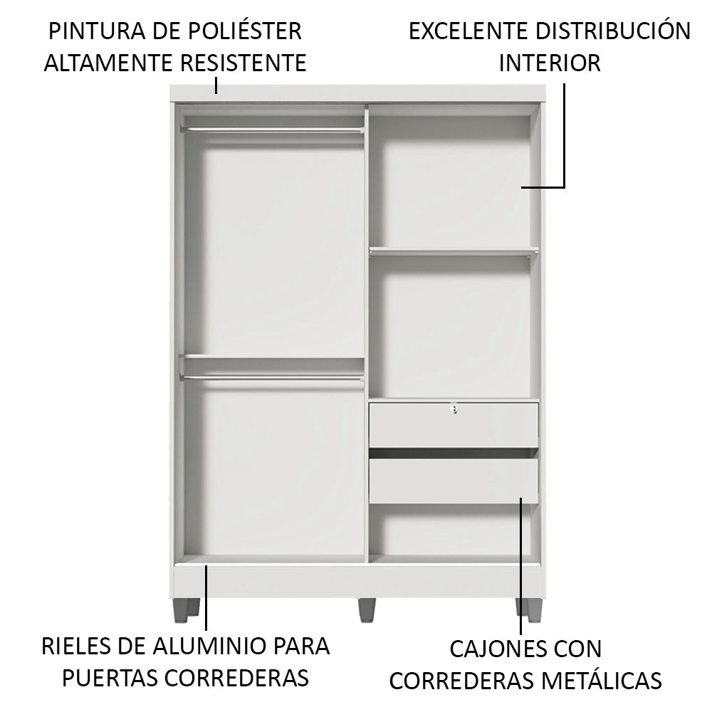 Clóset Soltero Luke 2 Puertas Corredizas 1 con Espejo y Pies Blanco