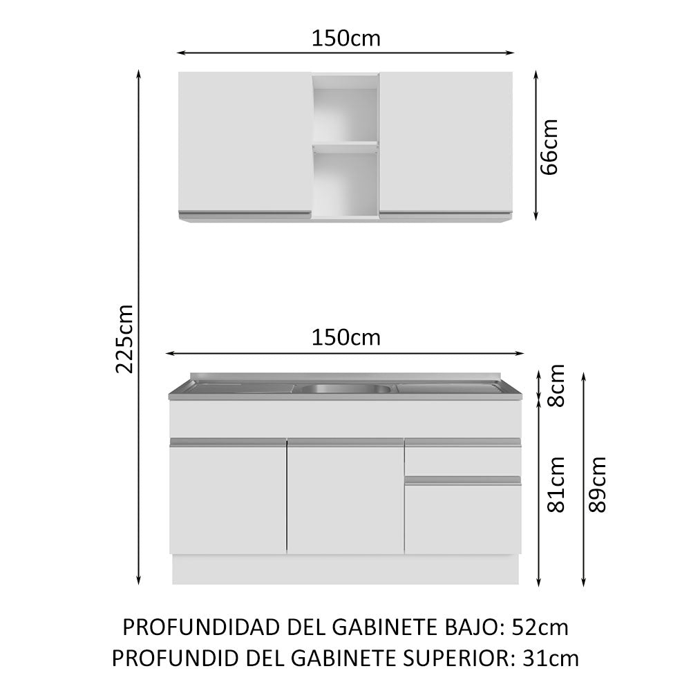 Cocina Integral Glamy con Tarja 150cm Blanco