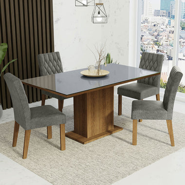 Conjunto de Comedor con Encimera Vidrio 4 Sillas Marrón/Gris/Silver Marilia Madesa