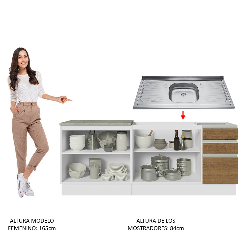 Mueble de Cocina 200cm Con Tarja Glamy Blanco/Marrón