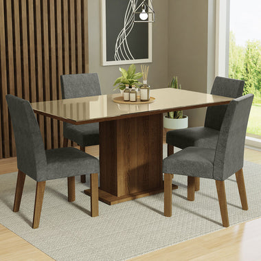 Conjunto de Comedor con Encimera Vidrio 4 Sillas Marrón/Crema/Silver Avril Madesa
