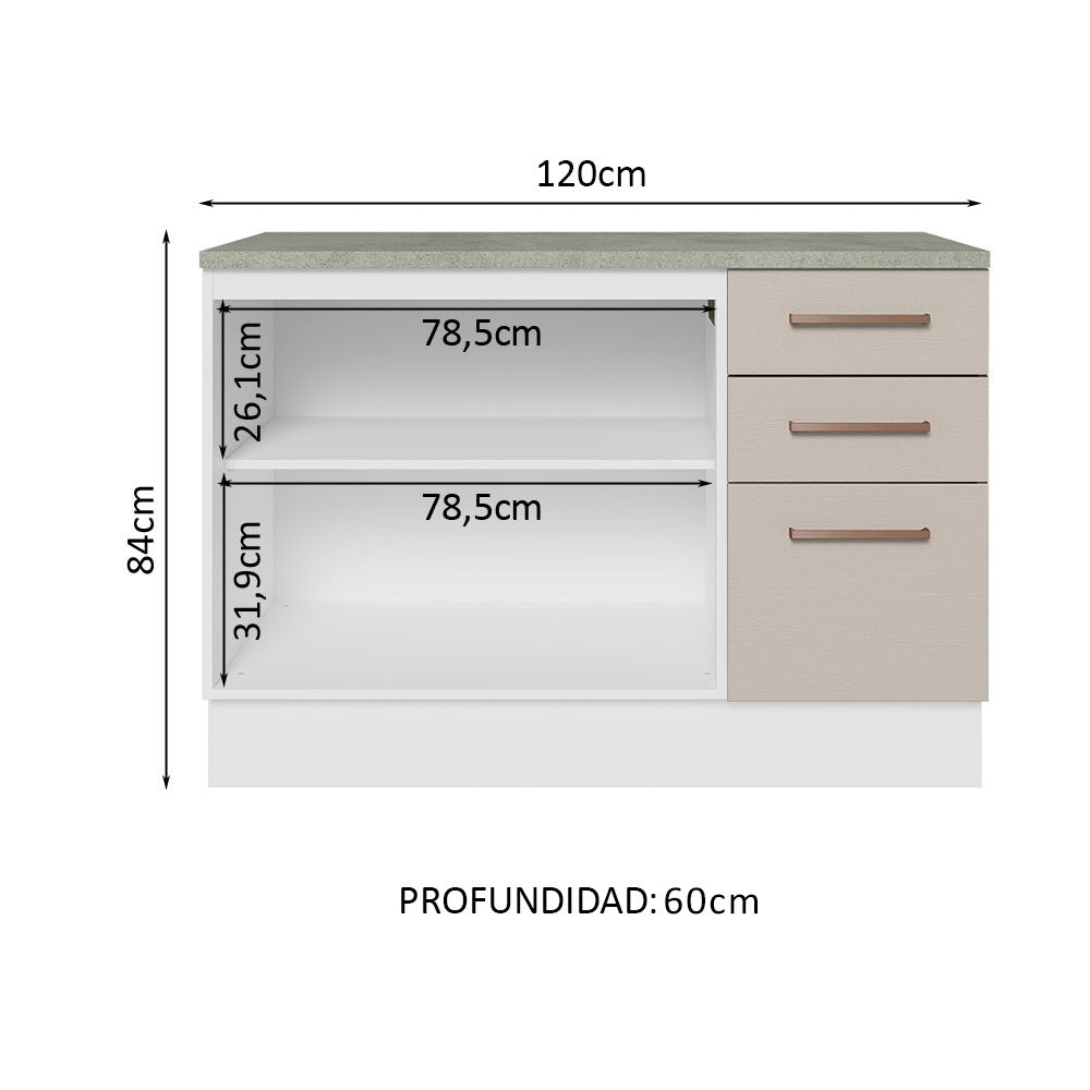 Gabinete Bajo Multiuso 120 cm 2 Puertas 3 Cajones Blanco/Crema Madesa