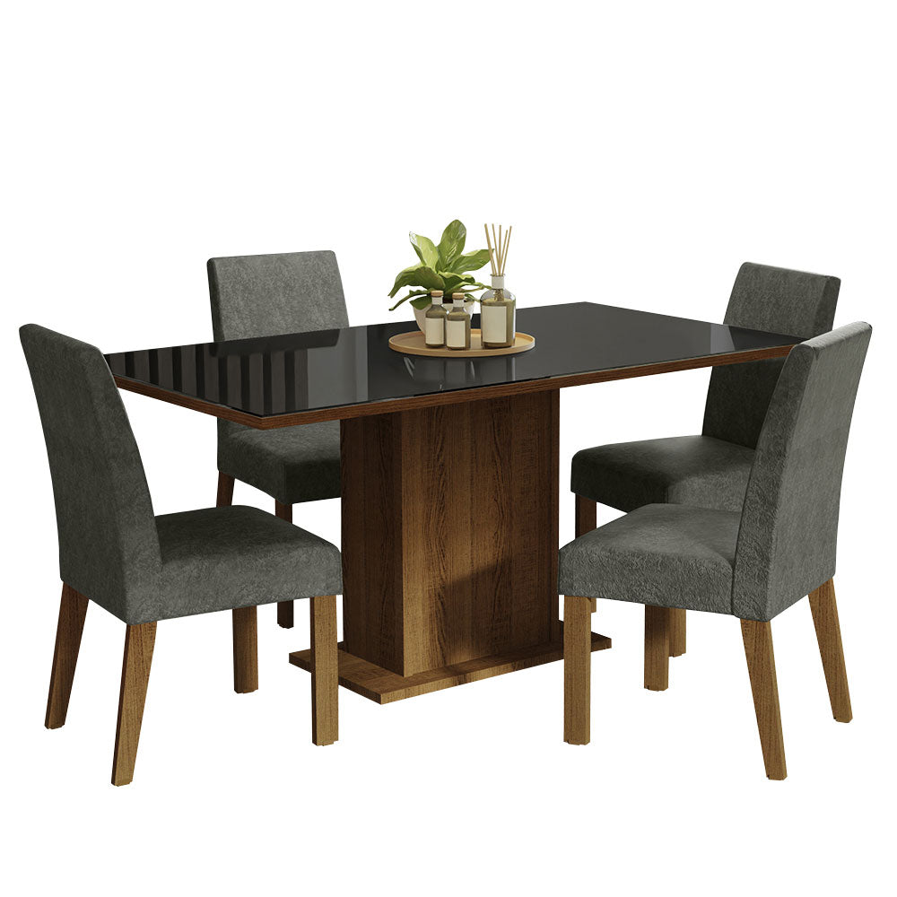 Juego de Comedor con Mesa con Encimera Vidrio y 4 Sillas Marrón/Negro/Silver Avril