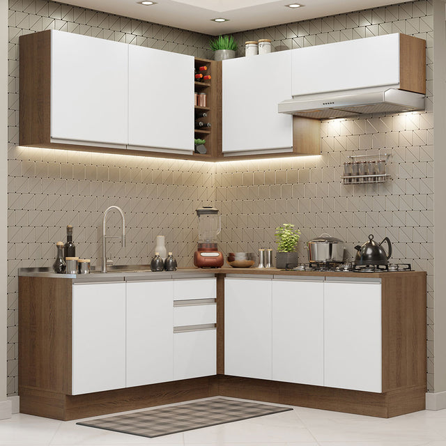 Cocina Integral Esquinera 349cm Marrón/Blanco Glamy Madesa 03