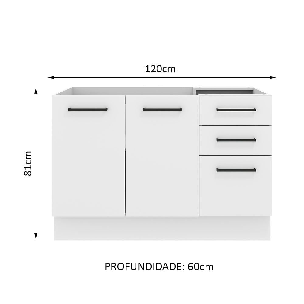 Mueble de Cocina para Fregadero 120 x 60 cm 2 Puertas y 3 Cajones (Sin Encimera) Blanco Agata