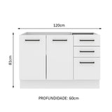 Mueble de Cocina para Fregadero 120 x 60 cm 2 Puertas y 3 Cajones (Sin Encimera) Blanco Agata