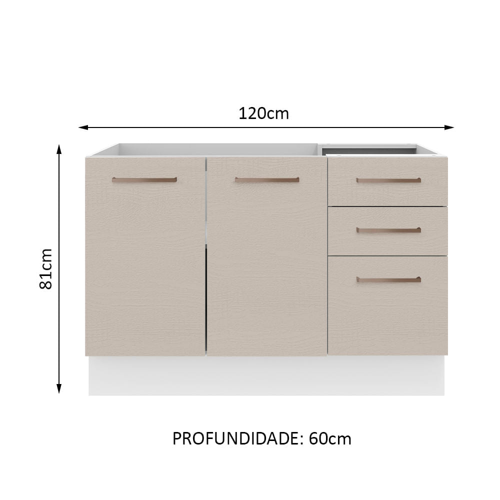Gabinete Bajo 120 cm 2 Puertas 3 Cajones Sin Encimera Blanco/Crema Agata Madesa