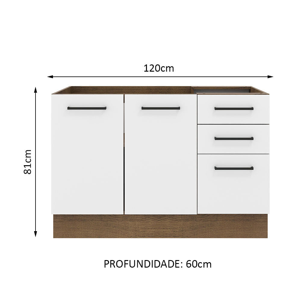 Mueble de Cocina para Fregadero 120 x 60 cm 2 Puertas y 3 Cajones (Sin Encimera) Marrón/Blanco Agata