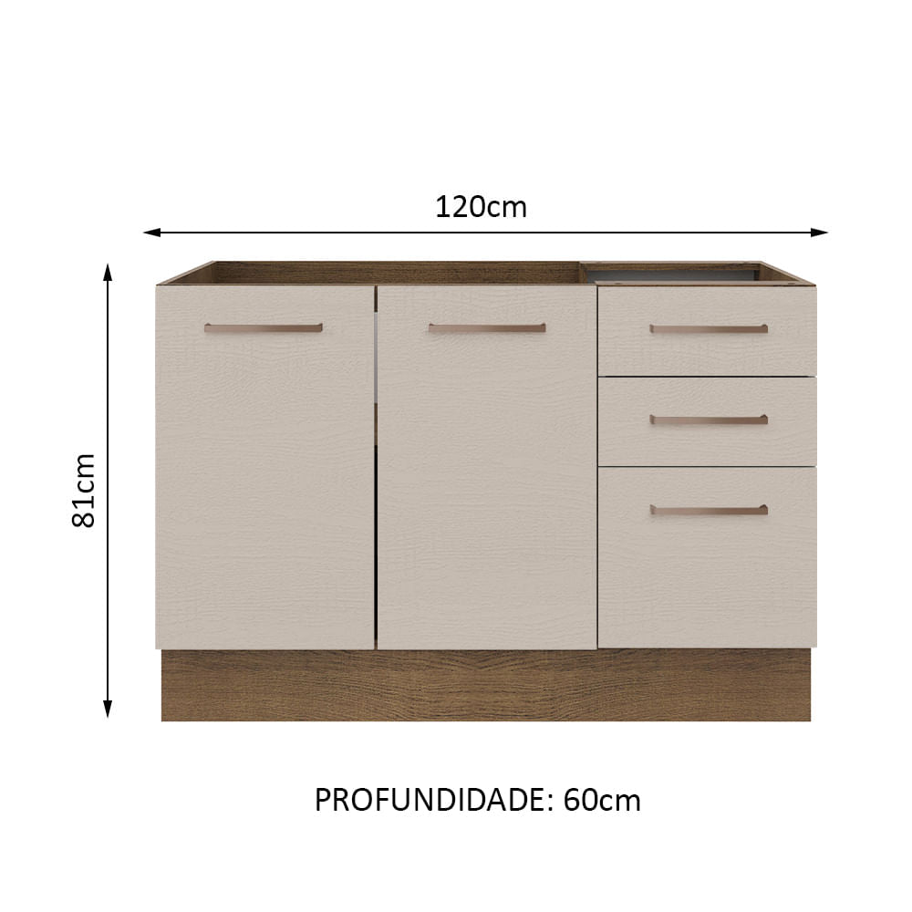 Gabinete Bajo 120 cm 2 Puertas 3 Cajones Sin Encimera Marrón/Crema Agata Madesa