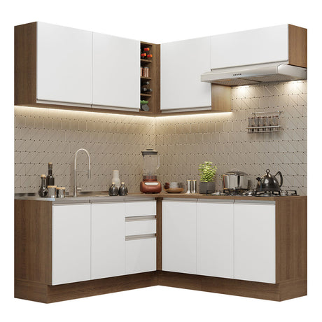 Cocina Integral Esquinera 349cm Marrón/Blanco Glamy Madesa 03